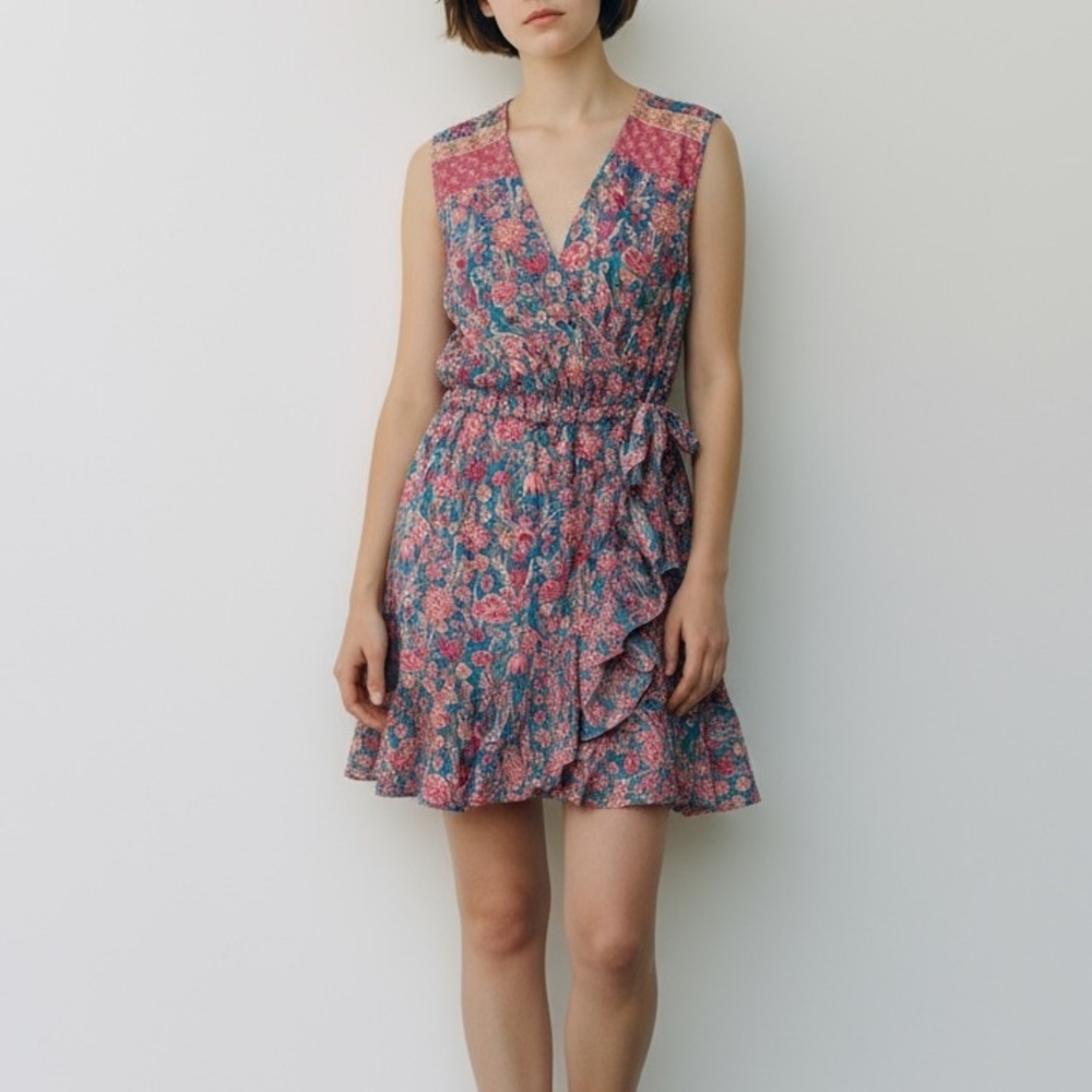 Anthropologie Floral Print Sleeveless Mini Dress Ruffle Trim V Neck Casual SZ M
